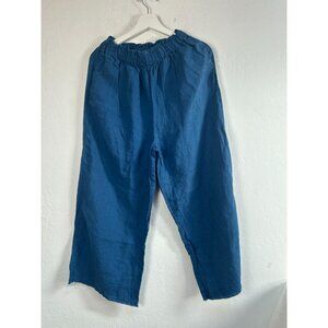 Len Ok Women’s Large Wide-Leg Blue Linen Cropped Pants Elastic Waistband Pockets